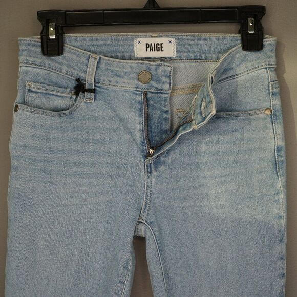 New Paige Skyline Ankle Peg Raw Hem Mid Rise Jeans in Daralyn Destructed size 25 - Picture 13 of 16